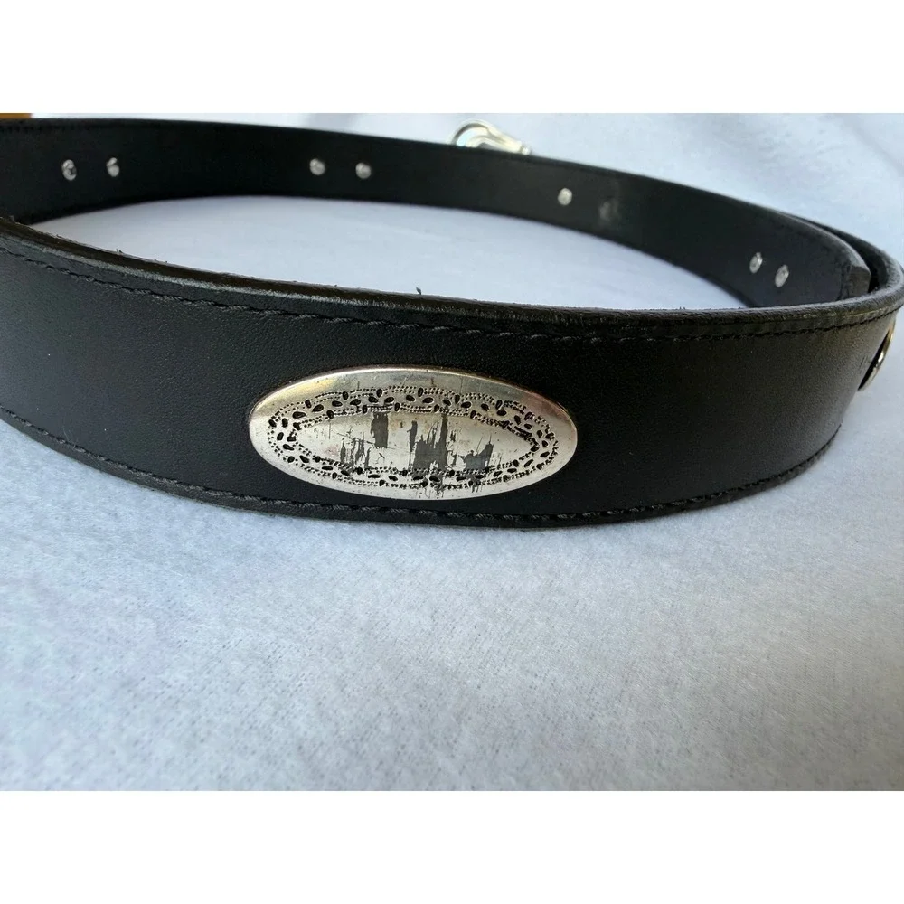 Brighton Leather Belt Womens 46 Black Western Silver Concho Engraved Buckle